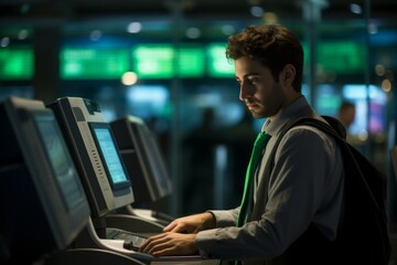 A man in a suit is typing on a computer at an airport