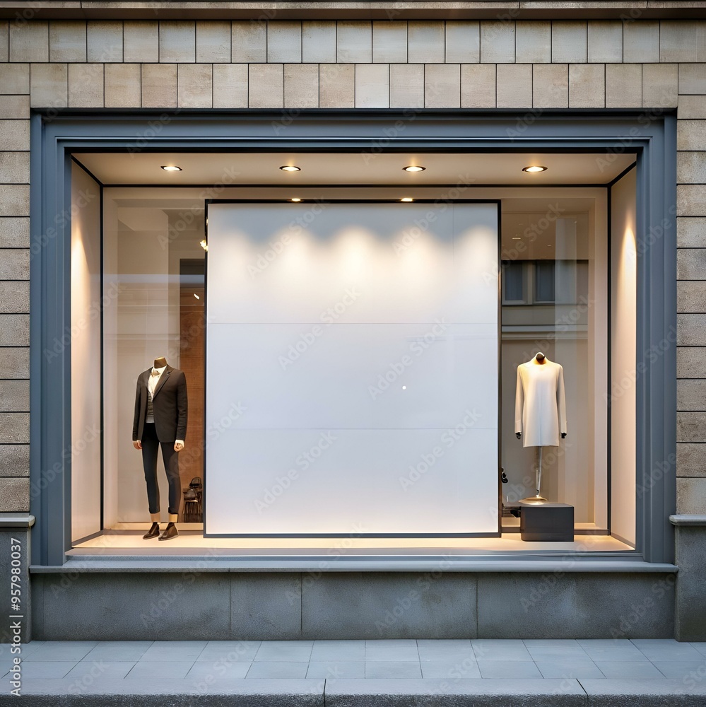 Poster empty storefront window with mannequins and blank space for your design or advertisement.