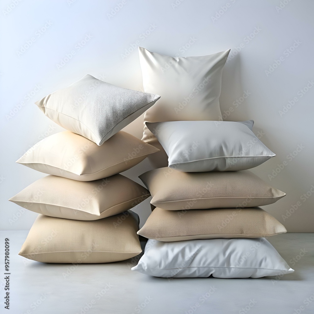 Poster a stack of soft. cozy pillows in neutral colors perfect for adding a touch of warmth and comfort to 