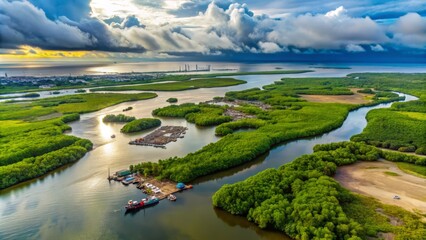 Nigerian Coast (Long coastline with mangrove forests and oil industry) on a cloudy day from a bird's-eye view, showcasing the intricate network of mangrove waterways