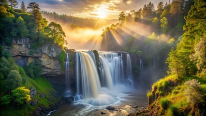 Purlingbrook Falls in June warm morning light illuminates the misty veil surrounding the falls