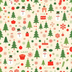 A seamless pattern with Christmas-themed elements including Christmas trees, and various shapes and symbols in shades of green, red, and white on a light beige background