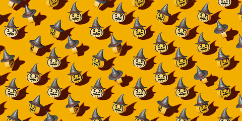 Pumpkins on yellow background. Pattern for cafe, menu, restaurant. 3d template background. Halloween. 3d render.
