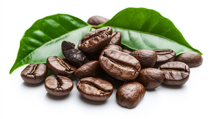 Obraz premium The image concept features roasted coffee beans suspended in the air, surrounded by vibrant green leaves. The coffee beans are rich in color, with a glossy, roasted texture, while the green leaves add