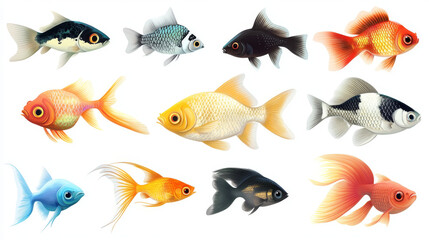 Collection of freshwater aquarium fish with water bubbles and aquatic plants.