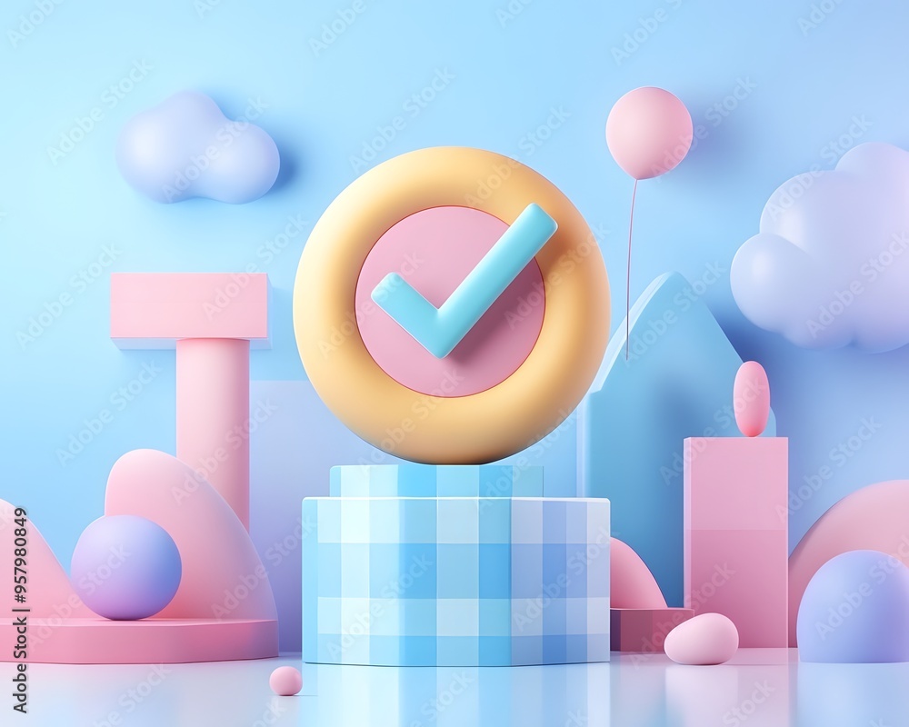 Poster a vibrant 3d scene featuring pastel shapes and a checkmark symbol on a playful backdrop of clouds an