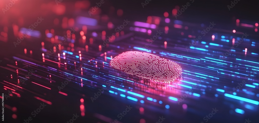 Poster a vibrant digital artwork featuring a glowing fingerprint on a backdrop of colorful data streams, sy