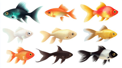 Naklejka premium Collection of freshwater aquarium fish with water bubbles and aquatic plants.