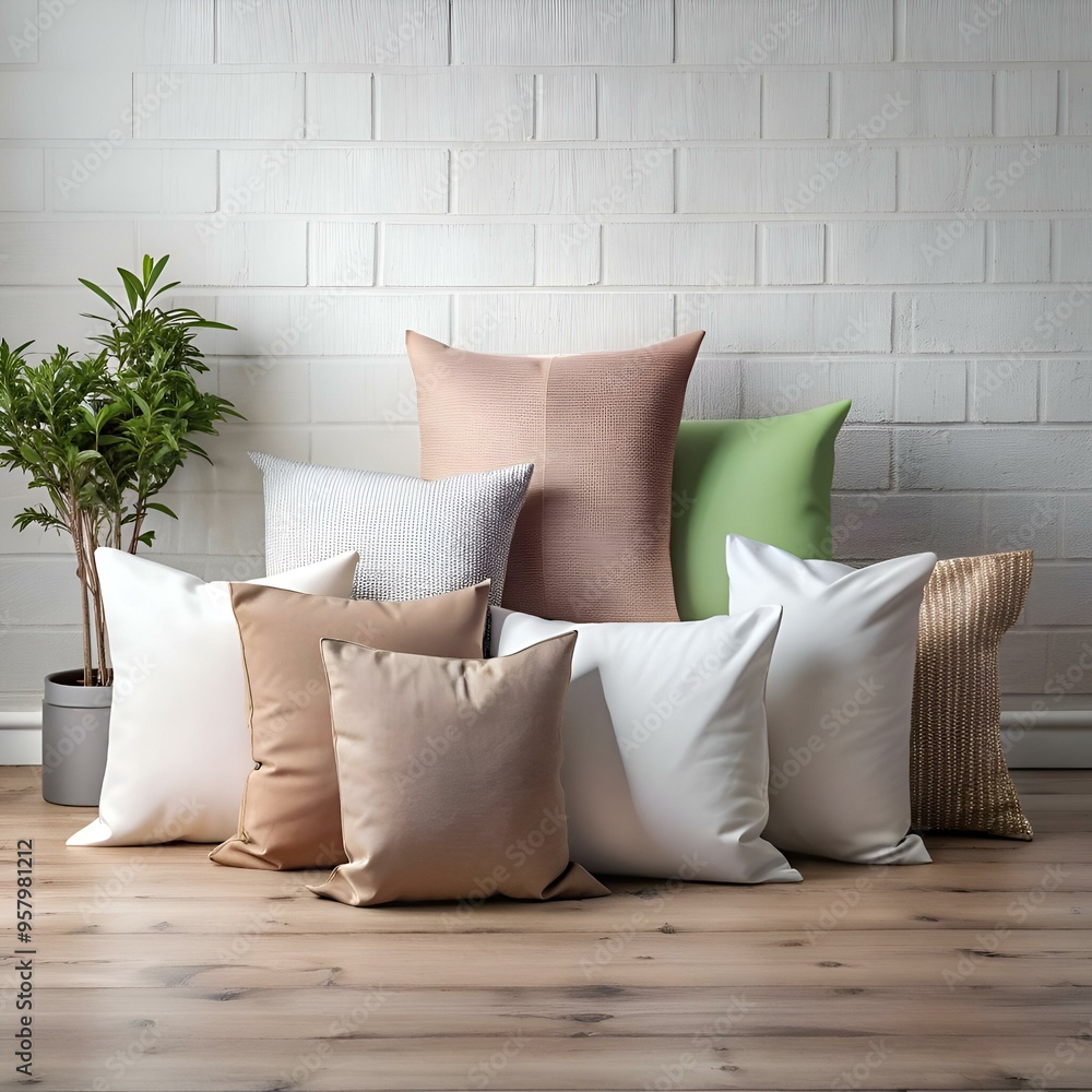 Poster a beautiful arrangement of plush pillows in various colors and textures. perfect for adding a touch 
