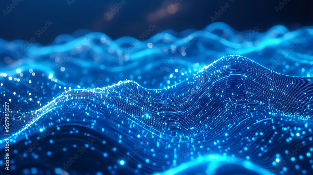 Poster futuristic blue technology concept with fluid data lines and geometric figures emphasizing big data 