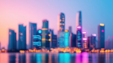 Obraz premium Futuristic Virtual Reality Market Analysis in Holographic City Skyline with Financial Data Overlay and Copy Space, Technology Concept