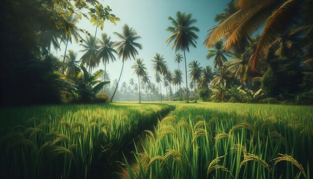 Kerala Paddy field with coconut trees, Kerala Village landscape background