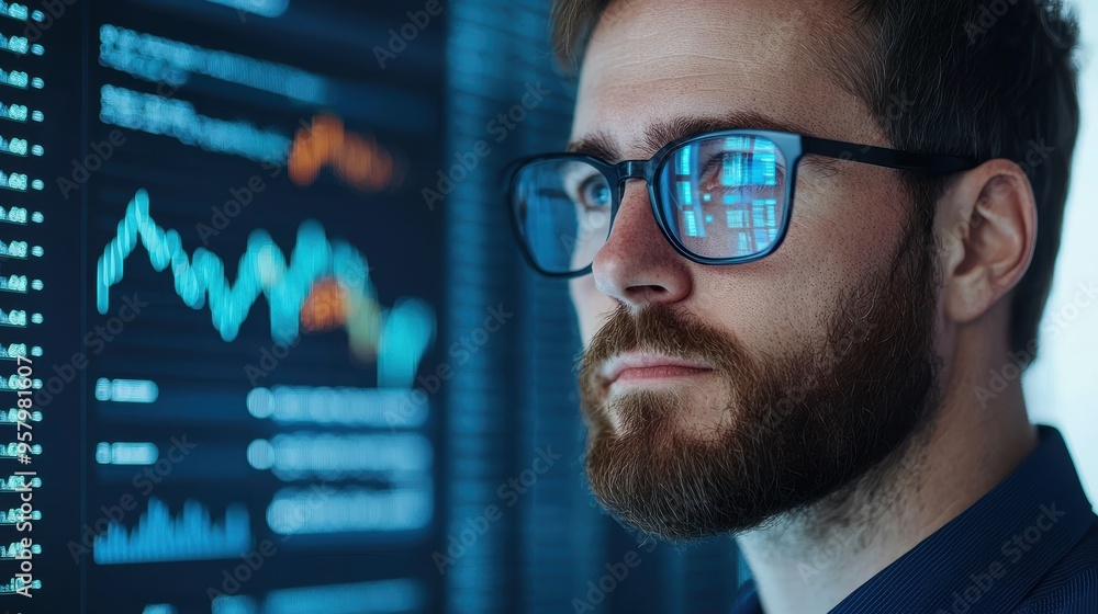 Poster futuristic ai-powered financial consulting office with holographic data visualization