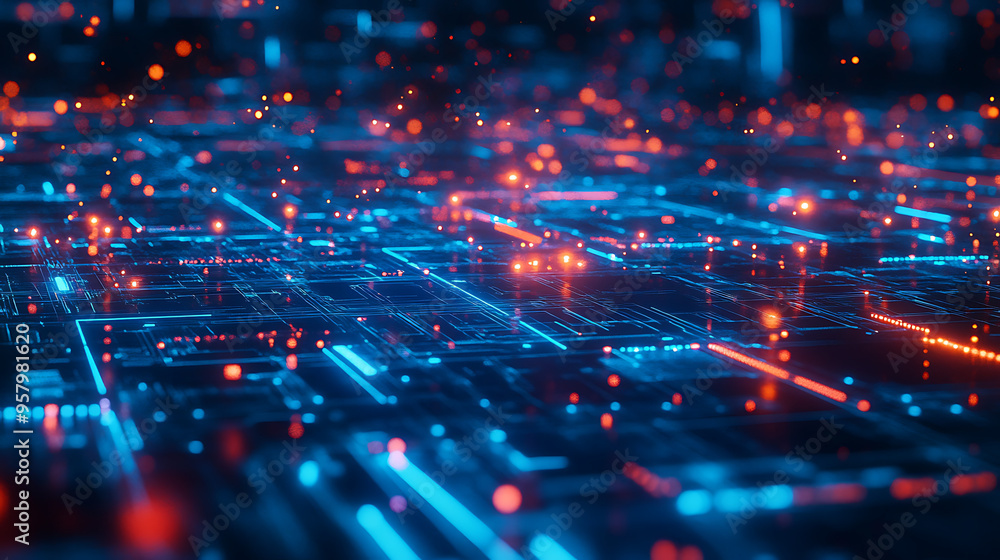 Poster futuristic blue environment featuring radiant data streams and circuit connections illustrating the 