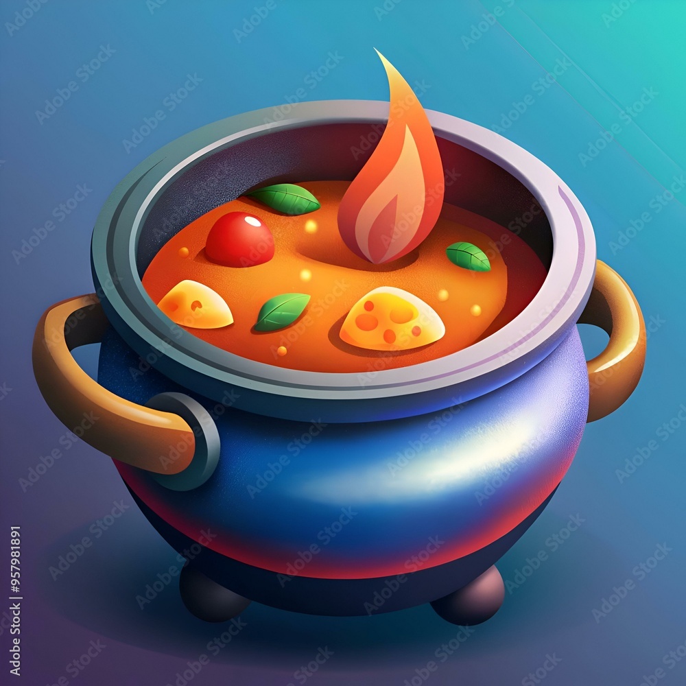 Poster a vibrant 3d illustration of a steaming pot of curry. perfect for adding a touch of warmth and delic