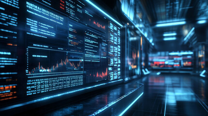 Futuristic stock exchange with general info displayed on screen