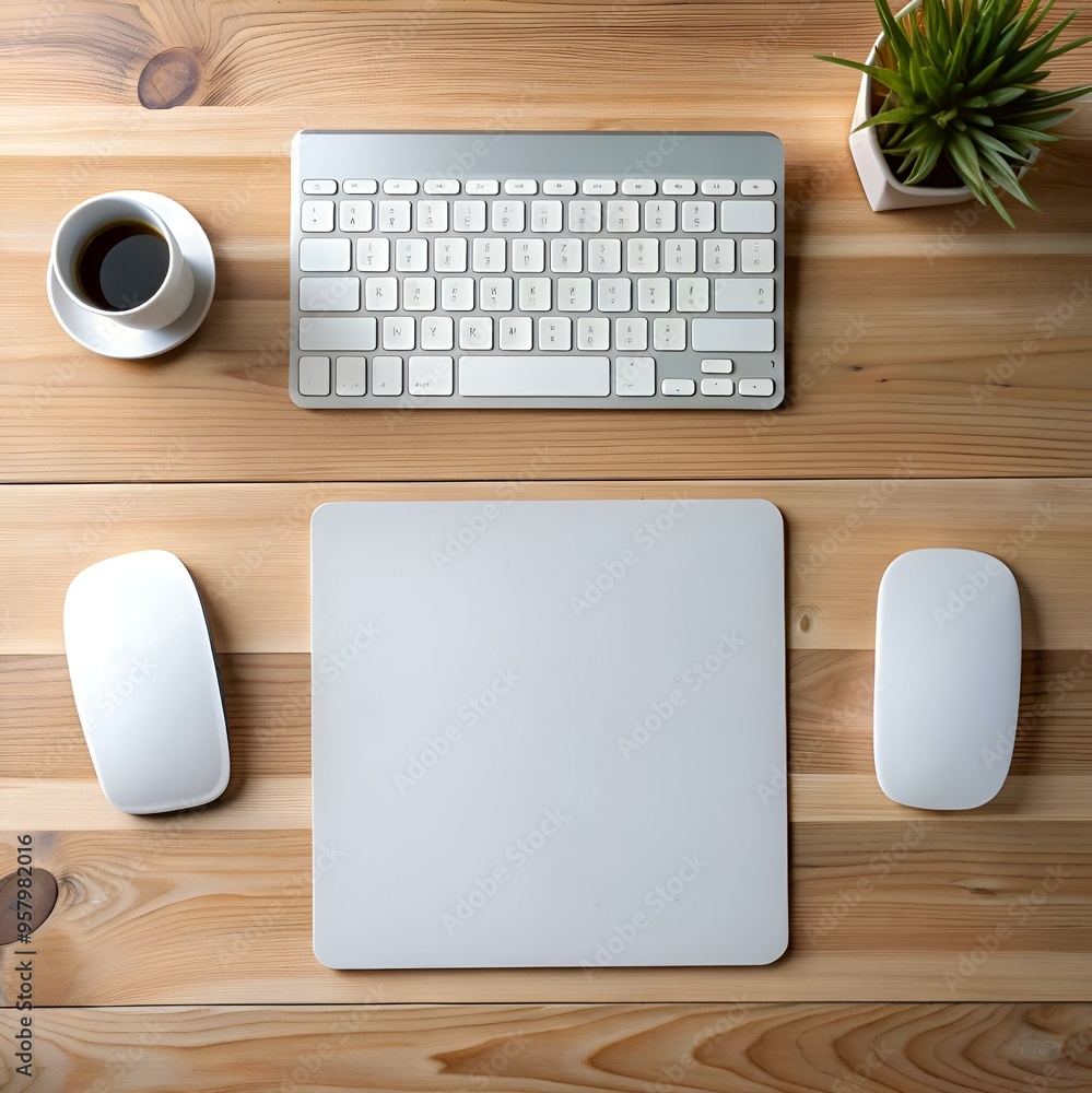 Poster a minimalist workspace with a keyboard. mouse. and mousepad on a light wood desk.