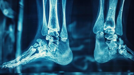 A close-up of an x-ray image of a human foot and ankle. The image shows the bones of the foot and ankle in detail.