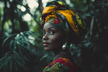 Fototapeta premium Beautiful African woman in traditional colorful headwrap, ethnic fashion, cultural heritage, vibrant clothing, African beauty, natural background, confident expression, African style, elegance