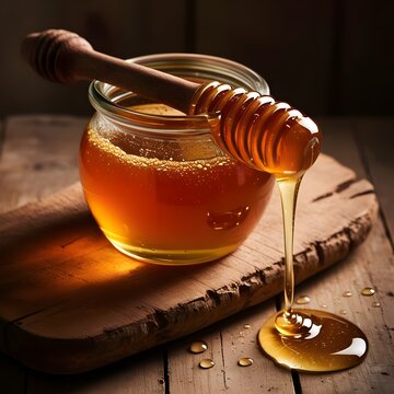 honey in a jar on wooden background