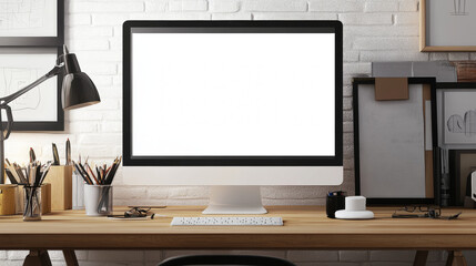 Graphic designer's workspace with a computer featuring a white screen and creative tools on the table.