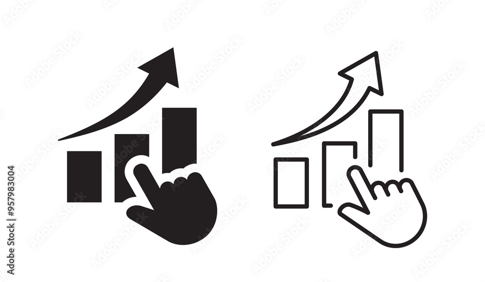 Poster icons with a hand pointing to a growth chart symbolize analysis and efficiency.