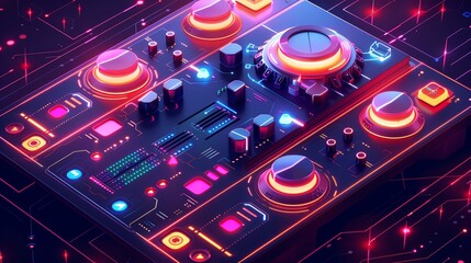 Fototapeta premium Futuristic DJ console with neon lights and digital interface, depicting advanced music technology and cyber aesthetics.
