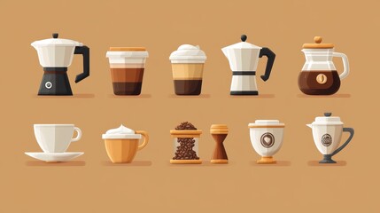 Obraz premium Artistic set of vector coffee machines and coffee drinks isolated on brown background,hand-drawn vector,coffee cups and coffee beans,modern flat design,Fashionable and cute coffee motif concept.