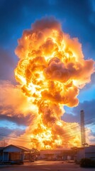 Fototapeta premium Dramatic explosion with huge fireball engulfing the sky, illuminating the surroundings, indicating intense destruction.