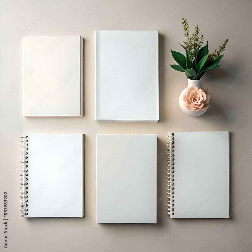 Poster clean and minimal flat lay mockup featuring four blank notebooks and a vase with a single rose.