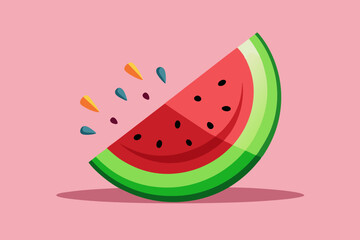 A single watermelon slice. Vibrant slice with a red center, black seeds, and a green rind, with juice splashes in the air. Soft pastel pink background for a fresh, minimalist look. lat design, vector 