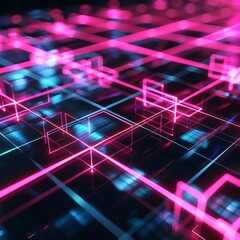 Futuristic neon digital grid interface with glowing lines and squares in pink and blue hues, representing technology and connectivity.