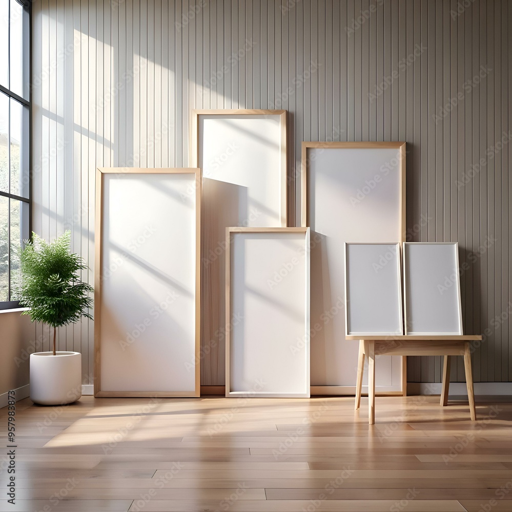 Poster a minimalist interior scene featuring five empty picture frames in various sizes. against a backdrop