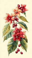 Watercolor Red arabica on a branch with blooming flowers and coffee beans,Coffee plants clipart,artistic and detailed,coffee tree and fruit,fabric patterns, and advertisements,mural art coffee shop.