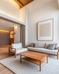 Minimalist living room interior design with Japanese and Scandinavian decor. Luxury interiors composition with copyspace.