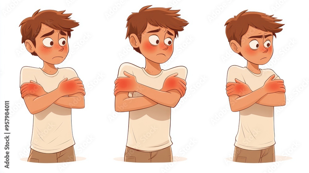 Sticker Illustration of a young man with a flushed face, shivering and looking unwell.