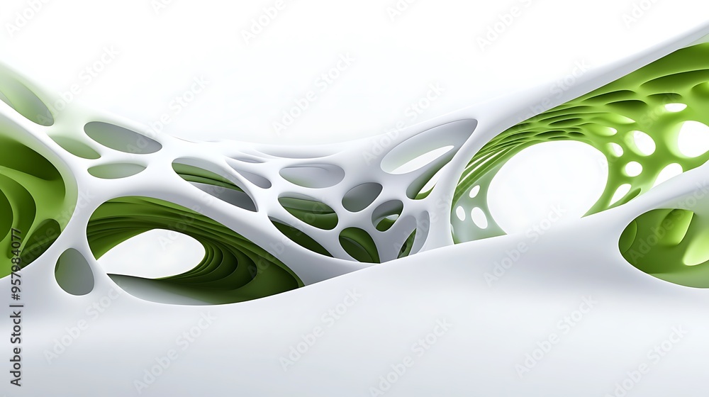 Poster harmonious fusion of organic 3d biomorphic structures with nature - copy space for text