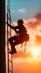 Silhouette of a person climbing a ladder against a beautiful sunset sky, showcasing adventure and determination.