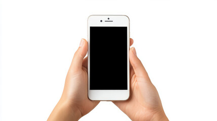 Hand holding smartphone with blank screen isolated on white background, clipping path.