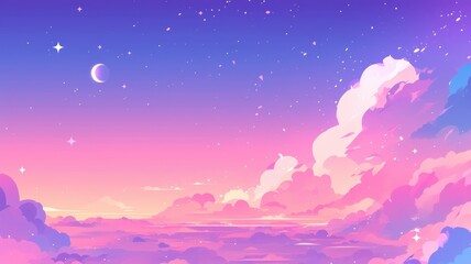 A dreamy sky with vibrant pink and purple clouds under a crescent moon, perfect for illustrating tranquility and wonder.