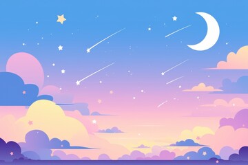Naklejka premium A serene night sky filled with dreamy clouds, a crescent moon, twinkling stars, and shooting stars illuminating the tranquil scene.
