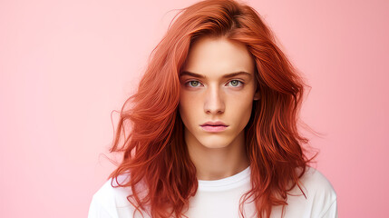 Naklejka premium Portrait of a serious aggressive teenage girl with perfect skin, pink background, banner.
