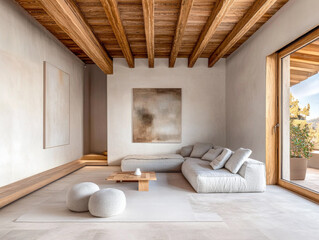 Minimalist living room interior design with Japanese and Scandinavian decor. Luxury interiors composition with copyspace.