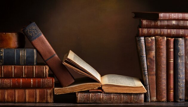 biblioteca monta&ntilde;a de libros antiguos vintage con un libros abierto en un fondo de madera marr&oacute;n