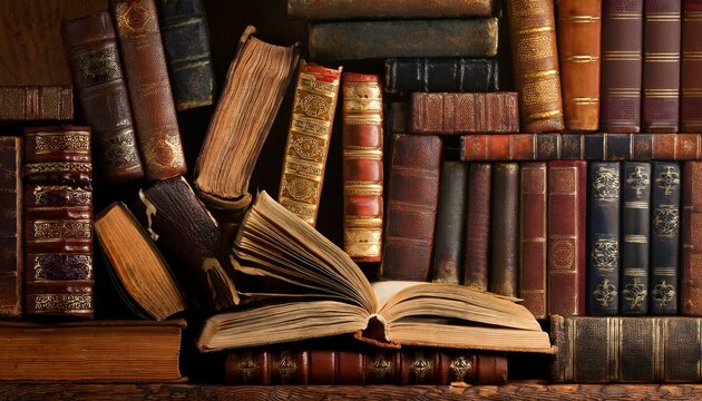 biblioteca monta&ntilde;a de libros antiguos vintage con un libros abierto en un fondo de madera marr&oacute;n