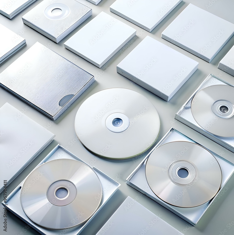 Poster a top down view of four blank cds in their cases. surrounded by white boxes. perfect for showcasing 