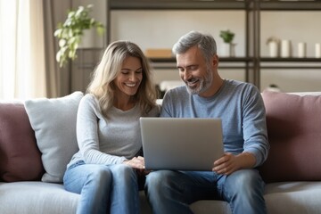 Happy middle aged couple using laptop relaxing on couch at home.