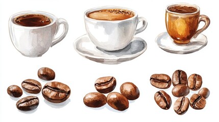 Artistic set of vector coffee beans and coffee cup drinks isolated on brown background,hand-drawn vector,hot coffee drinks,cafe shop,modern flat design,Fashionable and cute coffee motif concept.
