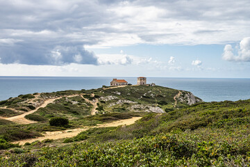 Abandoned building at Cabo Espichel headland In Setubal District, Portugal. Former observation...