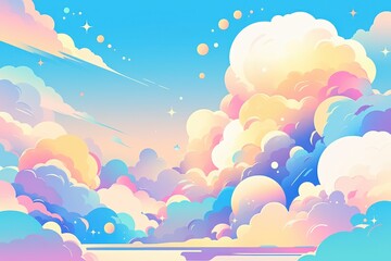A vibrant illustration of colorful clouds against a blue sky, evoking a sense of calmness and creativity in a dreamy atmosphere.